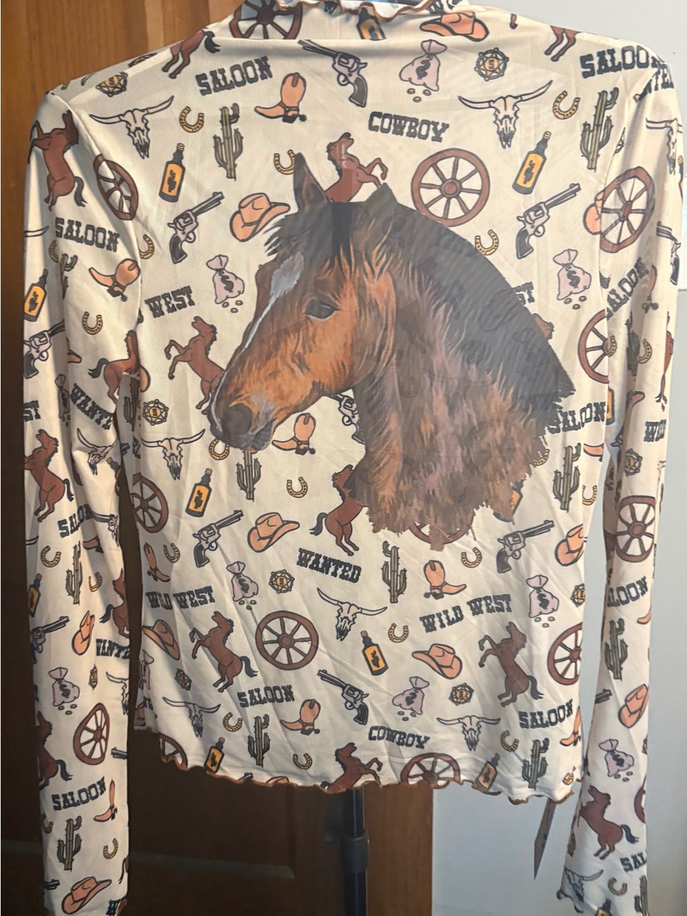 Blue B Collection Wild West Horse Cowboy Print Top Size L Beige NWT